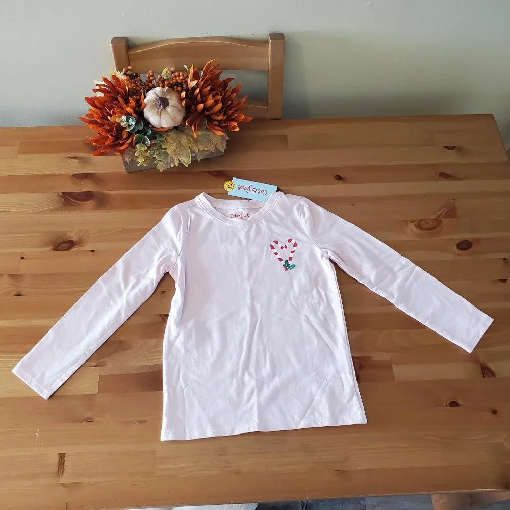 Cat & Jack-Girls' Candy Cane Heart  Long Sleeve Graphic T-Shirt - Soft Pink XS